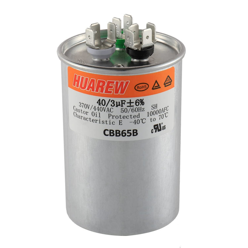 HUAREW 40+3 uF ±6% 40/3 MFD 370/440 VAC CBB65 Dual Run Start Round Capacitor for Condenser Straight Cool or Heat Pump Air Conditioner or AC Motor and Fan Starting