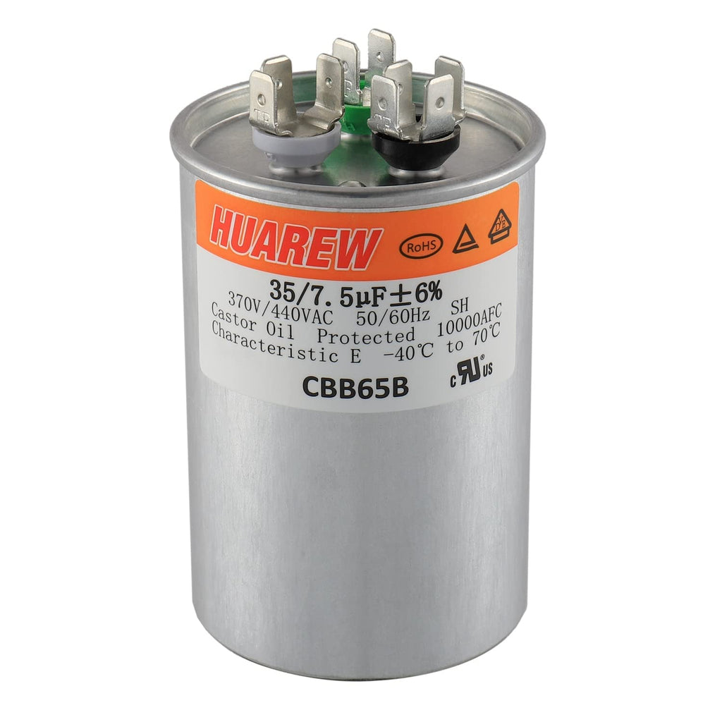 HUAREW 35+7.5 uF ±6% 35/7.5 MFD 370/440 VAC CBB65 Dual Run Start Round Capacitor for Condenser Straight Cool or Heat Pump Air Conditioner or AC Motor and Fan Starting