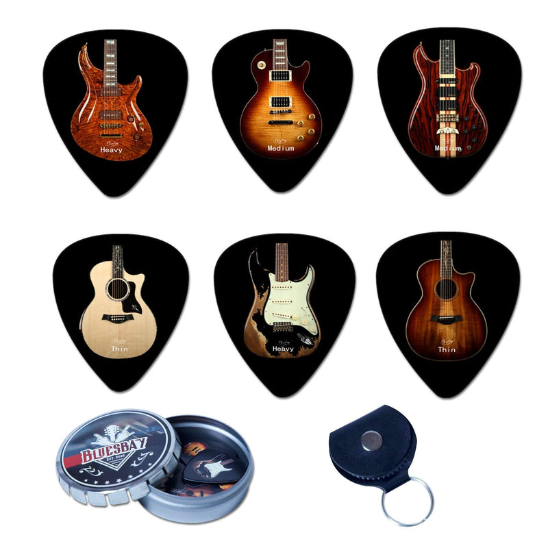 BluesBay Premium Celluloid Guitar Picks-12 Pack Includes Thin, Medium & Heavy Gauges-For Electric,Acoustic,Bass Guitar-Bundle W/Free Metal Box+ Leather Key Chain Pick Holder (Famous Guitar Collection) Famous Guitar Collection