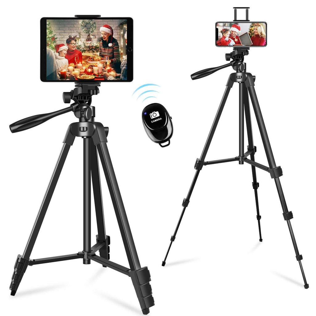 55" Phone&Tablet Tripod, Portable Travel Tripod Stand with Remote Shutter and Universal Clip, Compatible with iPhone/iPad/Android/Sport Camera Perfect for Selfies/Video Recording/Vlog/Live Streaming