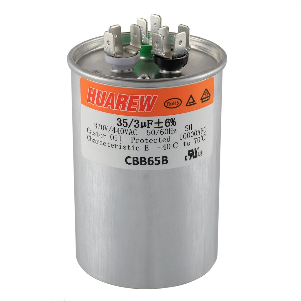HUAREW 35+3 uF ±6% 35/3 MFD 370/440 VAC CBB65 Dual Run Start Round Capacitor for Condenser Straight Cool or Heat Pump Air Conditioner or AC Motor and Fan Starting