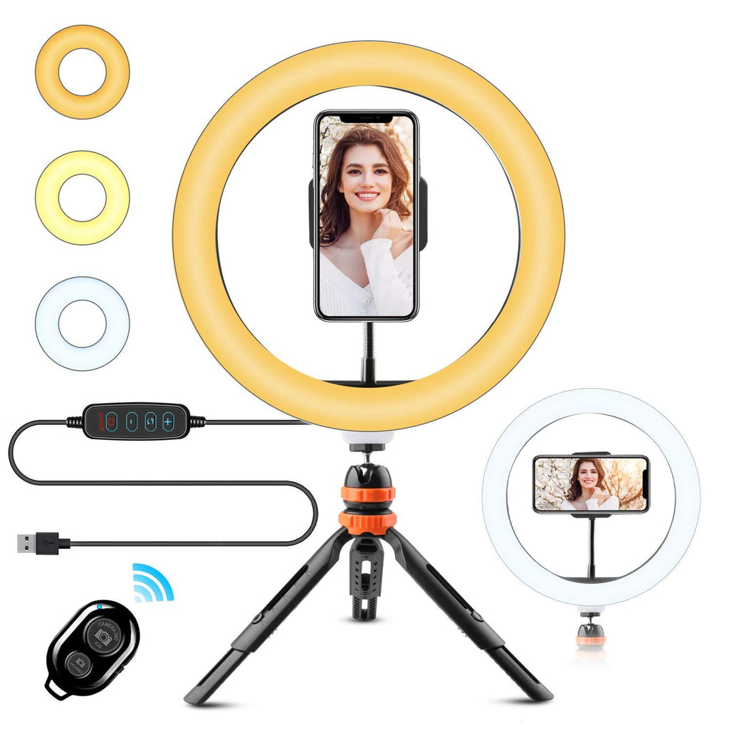 WOWGO 10" Ring Light with Tripod Stand & Phone Holder, 3 Lighting Modes and 11 Brightness Levels, for Live Streaming, YouTube, Makeup, Video Shooting, Vlog, Selfie (Remote Control for iPhone Android)
