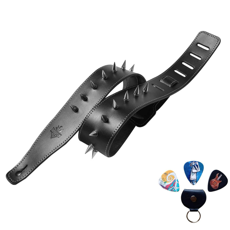 BluesBay Premium Leather Guitar Strap-Black Guitar Strap With Colourfast Metal Cone Spikes-Wide Adjustment Range-For Bass, Electric & Acoustic Guitars-Bundle W/Free 3 Guitar Picks+1 Guitar Pick Holder