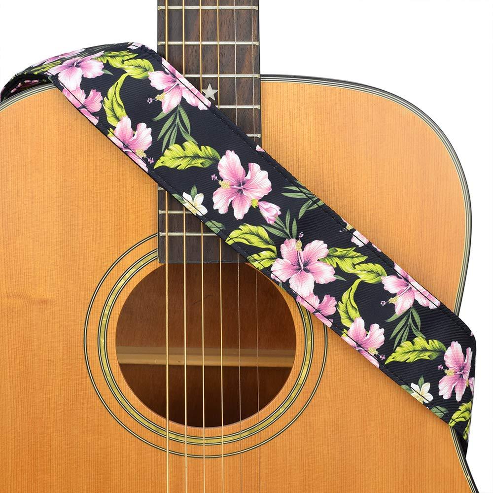 CLOUDMUSIC Guitar Strap Flowers Hibiscus For Acoustic Electric Bass(Pink Hibiscus In Black) Pink Hibiscus In Black