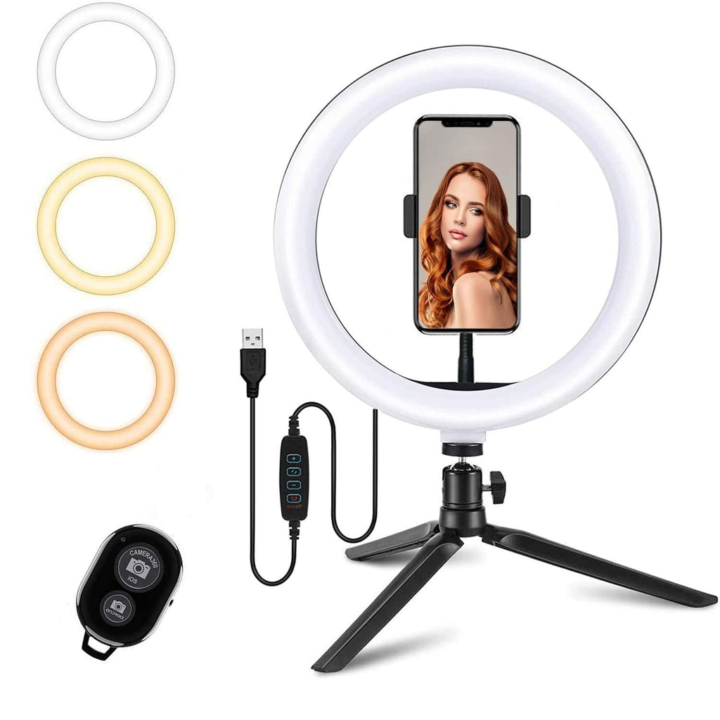 Potok 10 inch LED Selfie Ring Light, Ring Light LED with 3 Light Modes, Dimmable LED Camera Desk Ring Light Kit for Live Stream/Makeup/YouTube Video, Compatible for iPhone Android (Black) Black