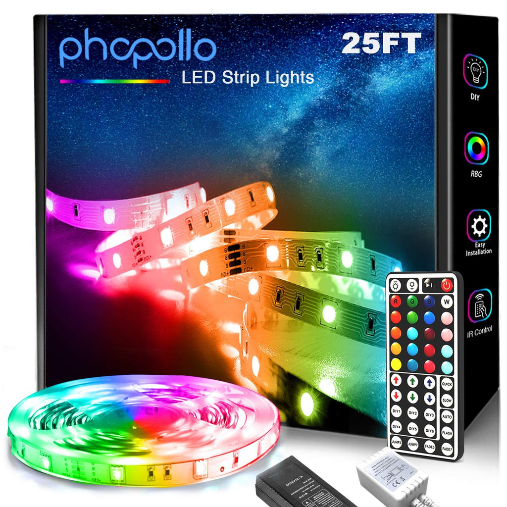 Phopollo LED Strip Lights, 25ft 5050 Flexible Led Lights with 44 Keys IR Remote Controller and 12V Power Supply for Bedroom