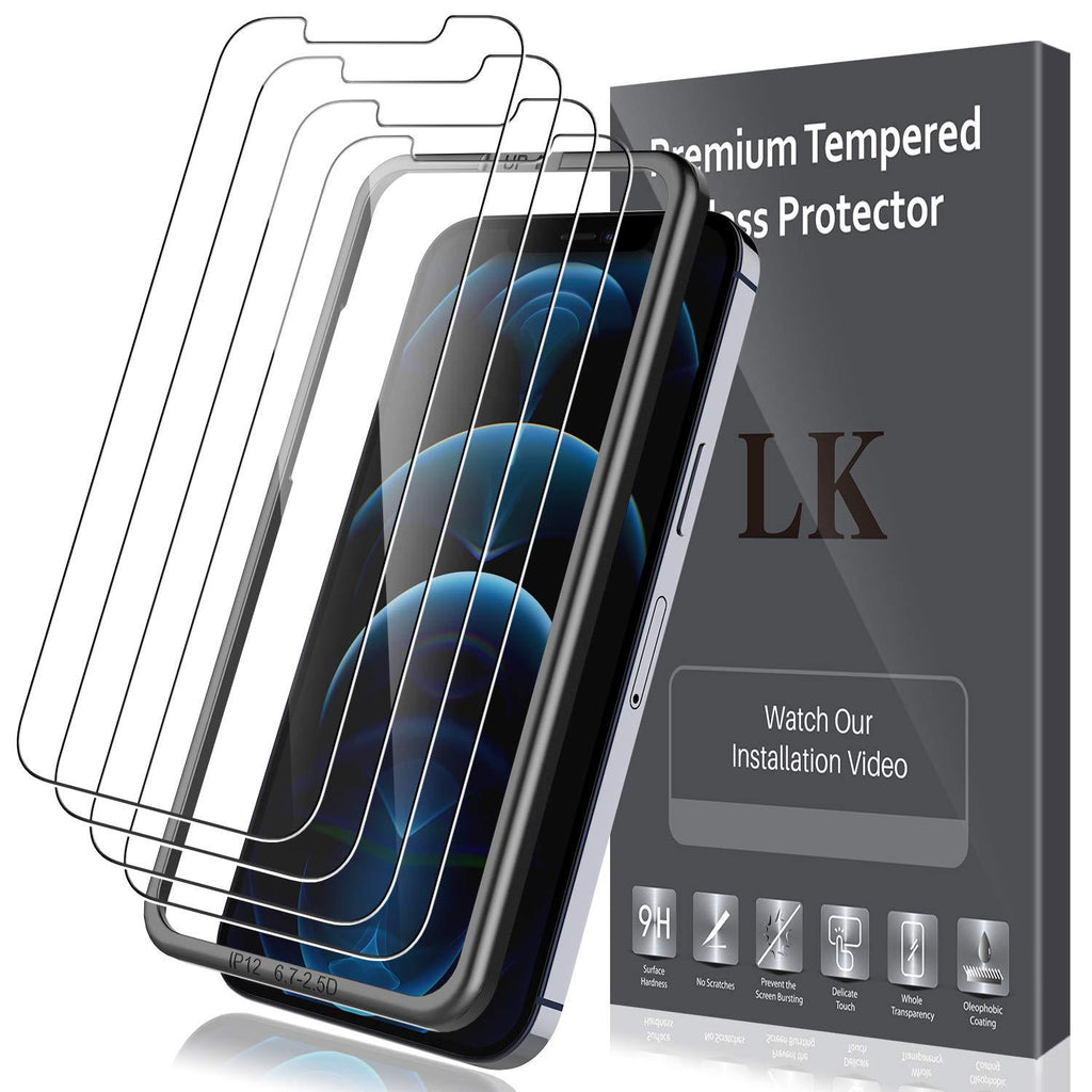 5 Pack LK 4pcs Screen Protector Tempered Glass and 1pcs Installation Tray Compatible with iPhone 12 Pro/iPhone 12 6.1-inch, Bubble Free, Case Friendly 6.1‘’