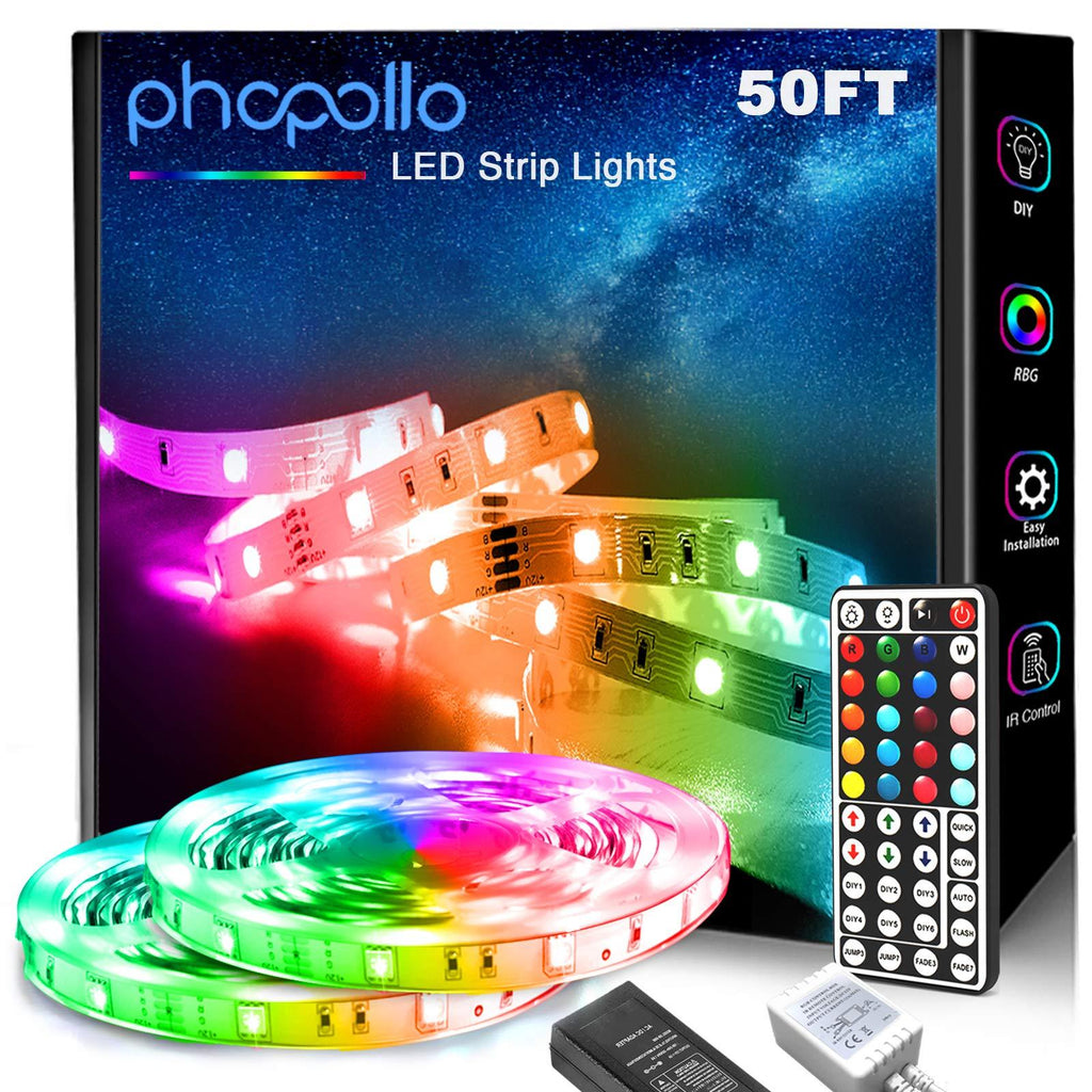 [AUSTRALIA] - Phopollo LED Strip Lights, 50ft 5050 Flexible LED Lights with 44 Key IR Remote Controller and 12V Power Supply for Bedroom 