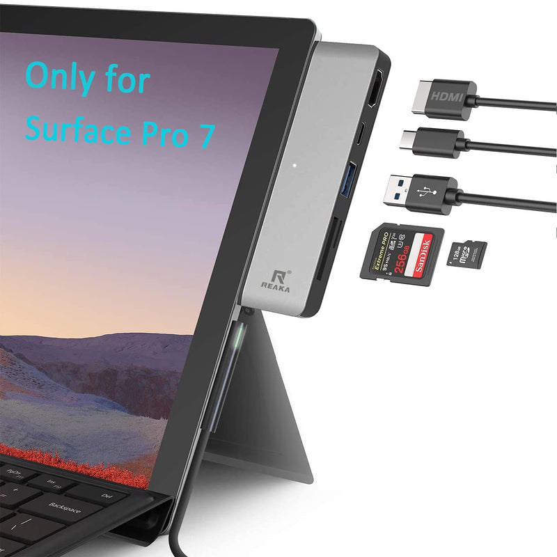 Surface Pro 7 USB C Hub, RREAKA 5-in-2 Surface Pro Adapter Docking Station with 4K HDMI, USB C 60W PD Charging, USB 3.0, SD/TF Card Reader Port, for Microsoft Surface Pro 7 Accessories SD/TF Hub Space Grey