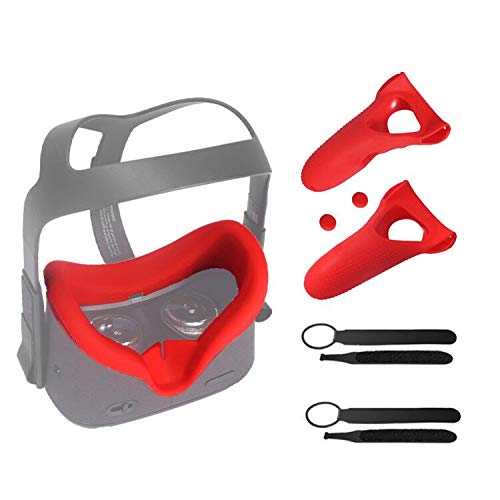 Protective Face Cover & Wrist Strap&Controller Grip Skin&Wrist/Knuckle Strap&Rocker cap for Oculus Quest VR , VR Silicone protection Accessories 7 in 1 Set (Red)