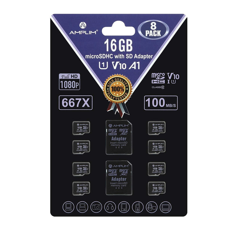 Amplim 16GB Micro SD Card, 8 Pack MicroSD Memory Plus Adapter, MicroSDHC Class 10 UHS-I U1 V10 TF Extreme High Speed Nintendo-Switch, GoPro Hero, Raspberry Pi, Phone Galaxy, Camera Cam, Tablet, PC 8X 64GB P