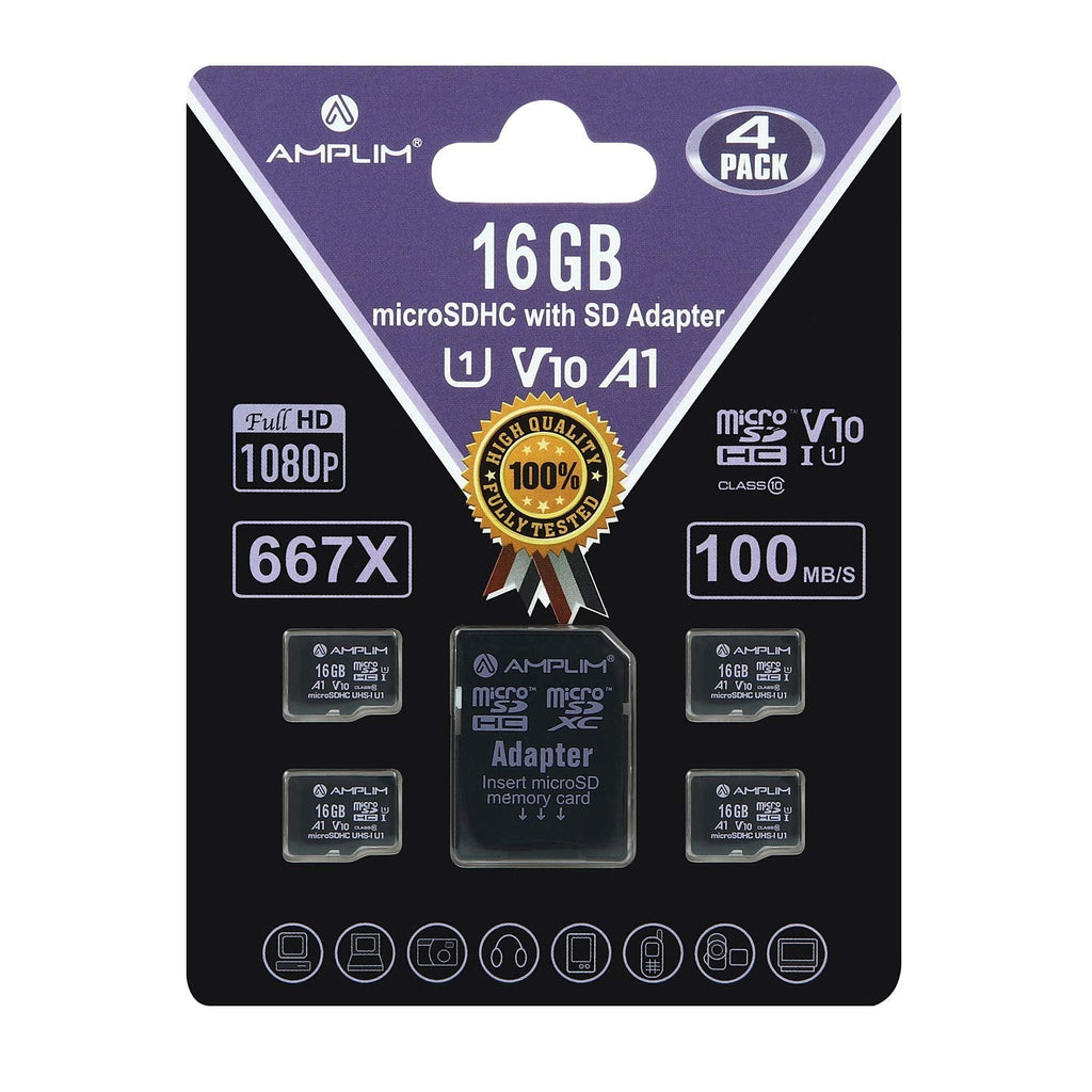 Amplim 16GB Micro SD Card, 4 Pack MicroSD Memory Plus Adapter, MicroSDHC Class 10 UHS-I U1 V10 TF Extreme High Speed Nintendo-Switch, GoPro Hero, Raspberry Pi, Phone Galaxy, Camera Cam, Tablet, PC 4X 64GB P