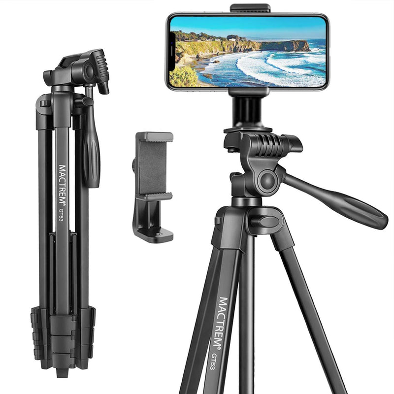 Mactrem 53 Inch Tripod for iPhone, Lightweight Aluminum Travel Cell Phone/Ipad/Camera Tripod Stand with Carry Bag, Selfie Stick Tripod, Load 4.4 LB, Weight 1.3LB (Black)