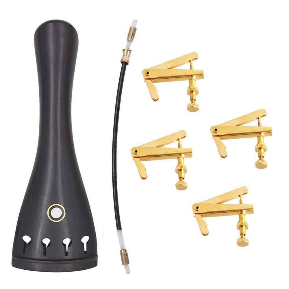 Jiayouy 6Pcs Ebony 4/4-3/4 Violin Tailpiece with 4 Fine Tuners 1pcs Nylon Tailgut Violin Accessories Kit Gold