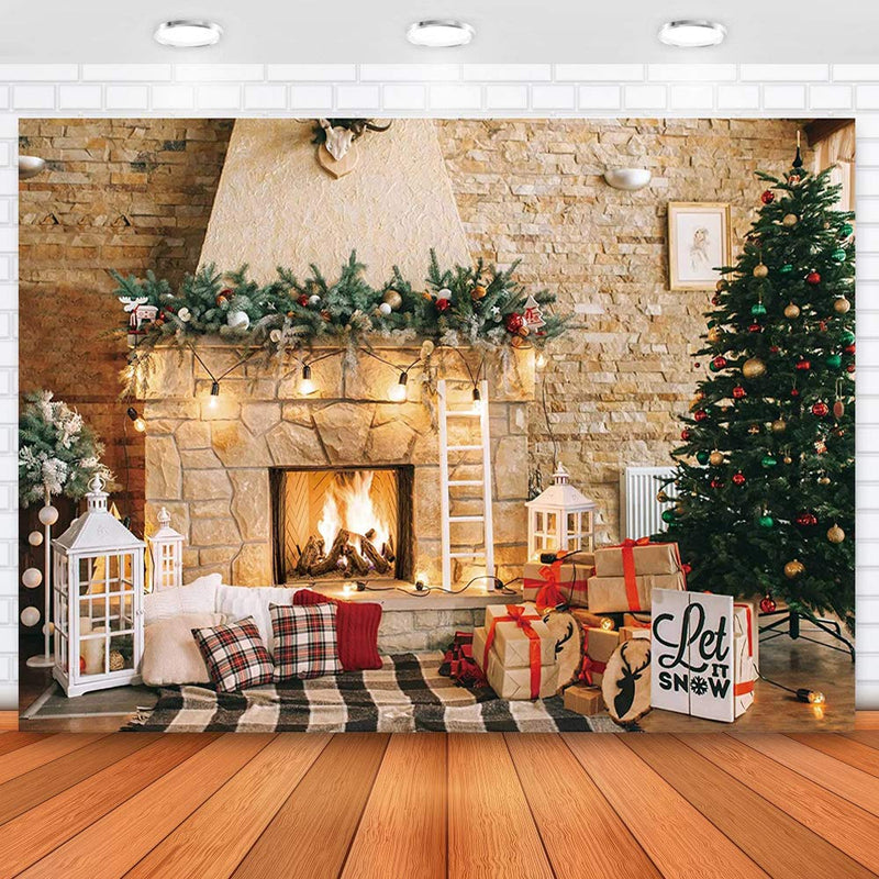 CHAIYA 8X6ft Christmas Family Party Decoration Christmas Tree Gifts Fireplace Lanterns Blankets Photography Background Photo Studio Props CY130 8′x6′
