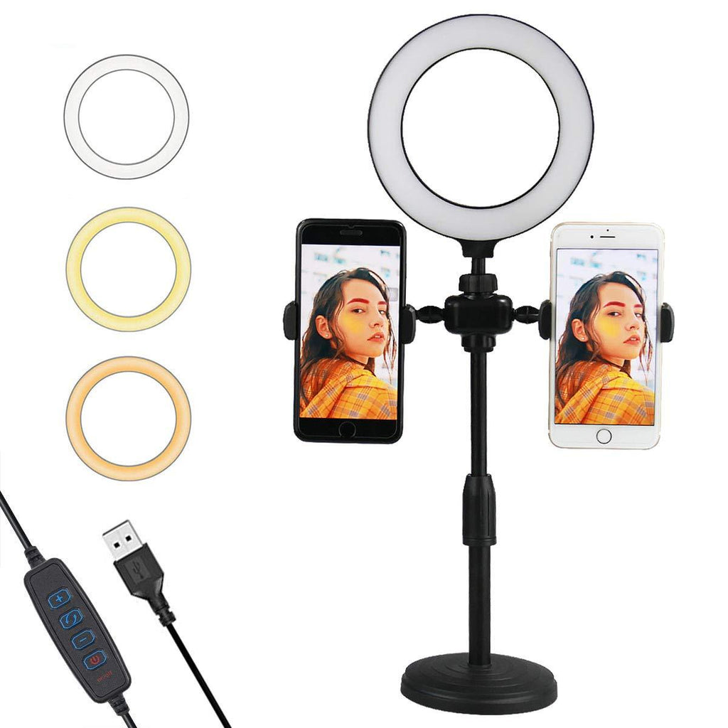 6" Selfie Ring Light with Stand, Adjustable Shooting with 3 Light Modes & 10 Brightness Level, Stand & Phone Holder for Live Streaming & YouTube Video, Dimmable Desk Makeup Ring Light for Photography