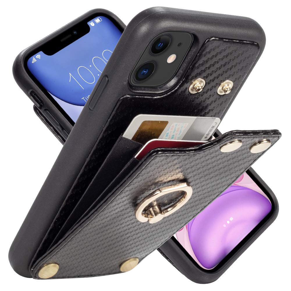 LAMEEKU iPhone 11 Wallet Case, iPhone 11 Kickstand with Card Holder Case, RFID Protection Leather Cover with Finger Ring Holder Carbon Fiber Card Holder, Protective for Apple iPhone 11 6.1 inch Black