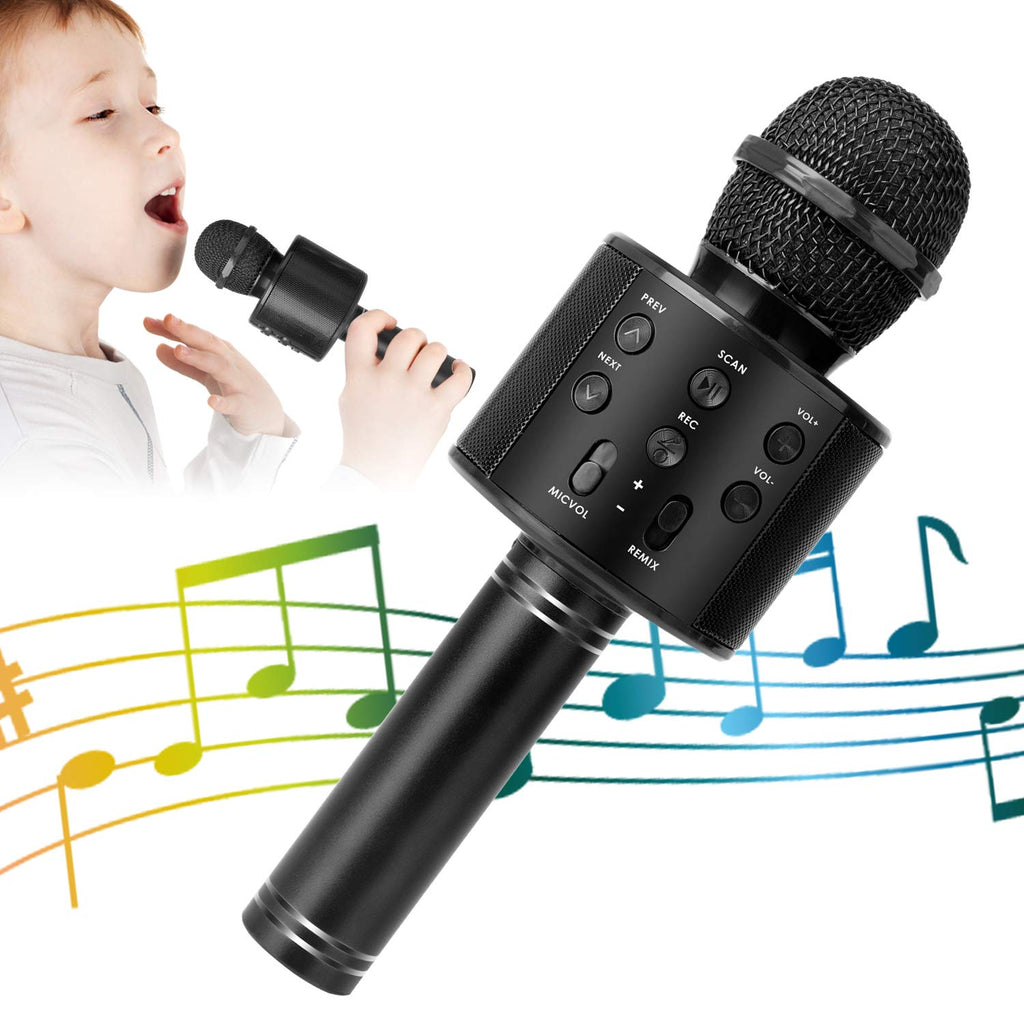 Wireless Bluetooth Karaoke Microphone for Kids, 5-in-1 Portable Handheld Karaoke Mic Speaker Player Recorder with Adjustable Remix FM Radio for Kids Girls Boys Teens Birthday (Black) black