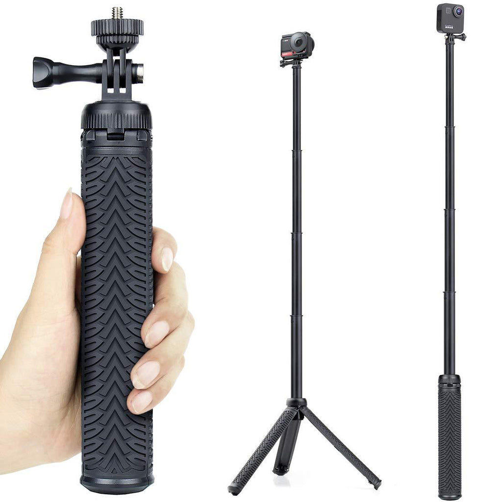 GEPULY Extendable Selfie Stick with Tripod Stand for GoPro Hero 8 7 6 5 4 3 Session Fusion Max, OSMO Action, AKASO, SJCAM, Cell Phones. Functions as Hand Grip, Telescoping Monopod Pole, Tripod Stand