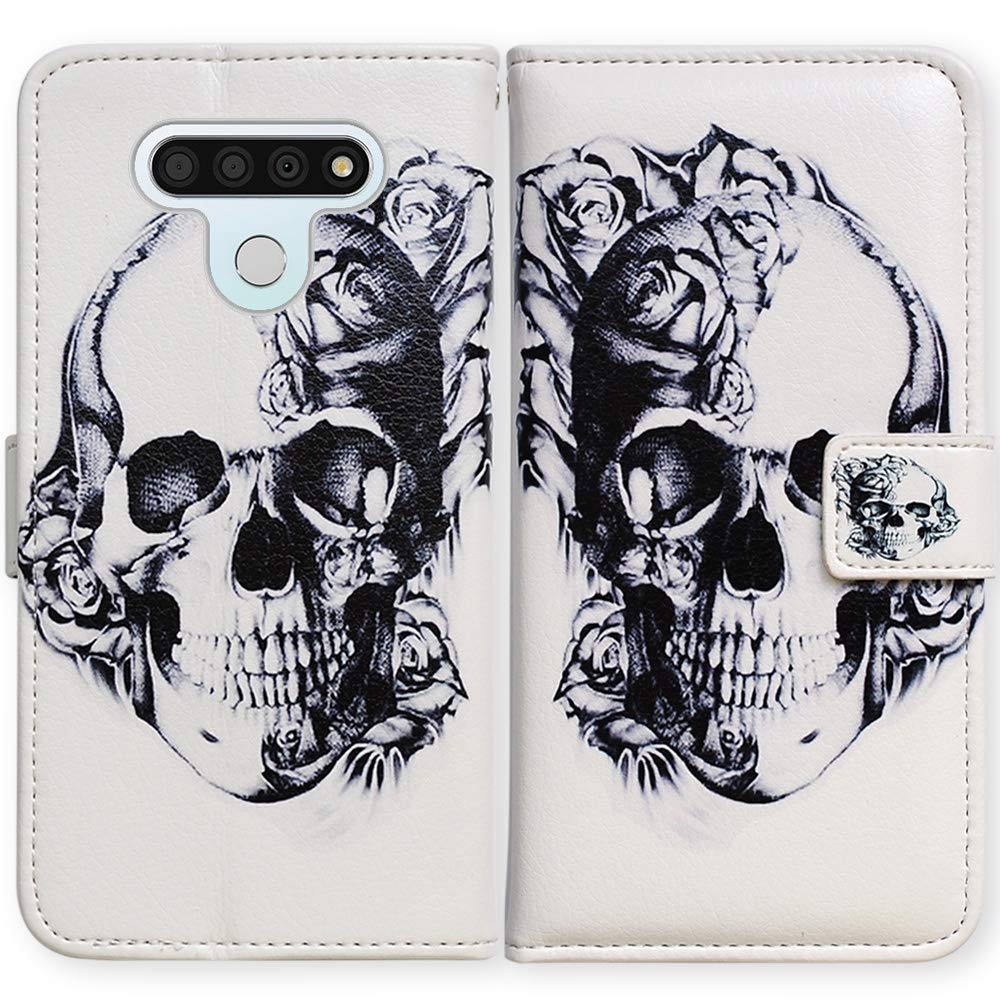 LG Stylo 6 Case,Bcov Black Flower Skull Leather Flip Case Wallet Cover with Card Slot Holder Kickstand for LG Stylo 6