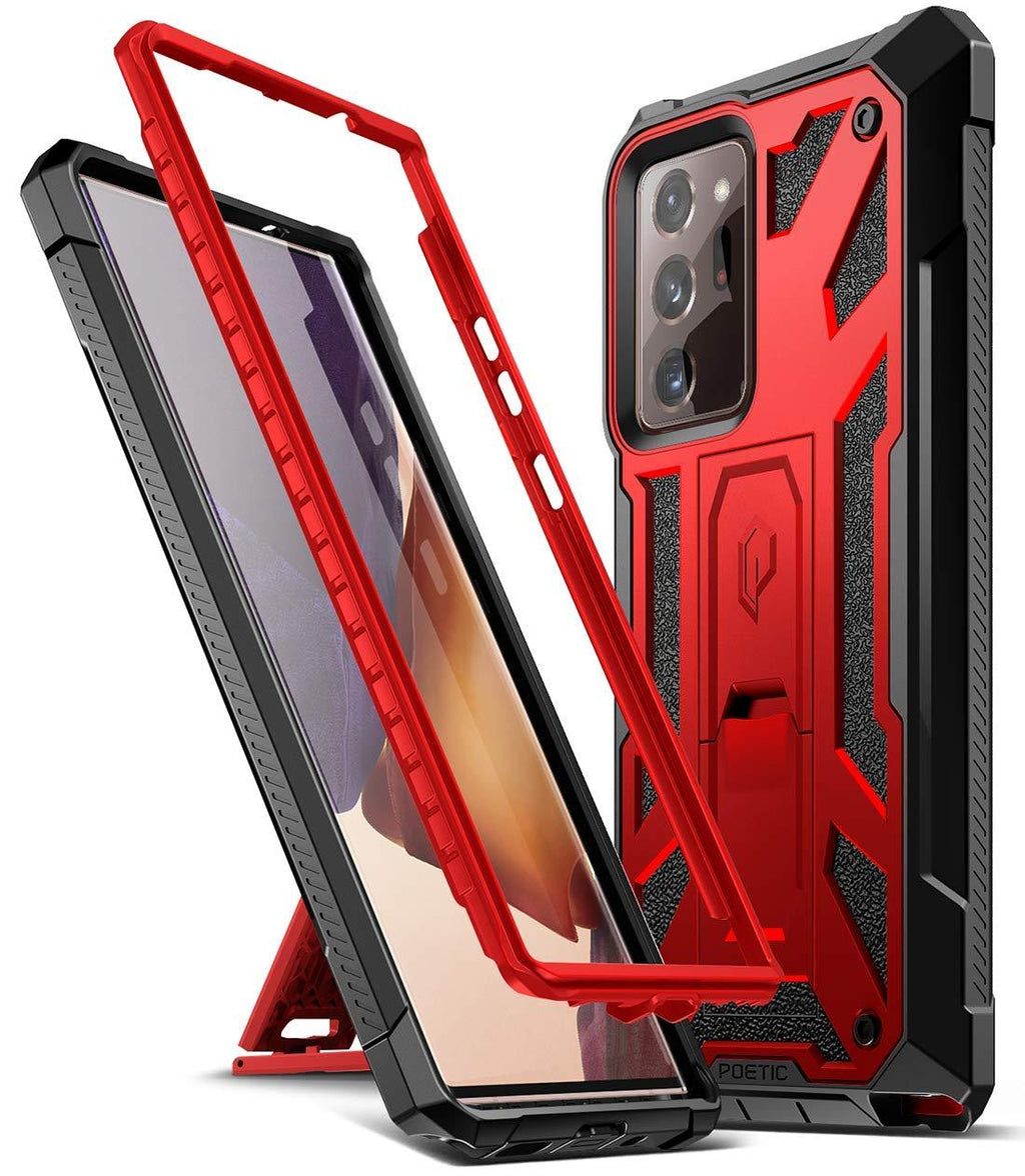 Poetic Spartan Series Designed for Galaxy Note 20 Ultra Case, Full-Body Rugged Dual-Layer Metallic Color Accent with Premium Leather Texture Shockproof Protective Cover with Kickstand, Metallic Red