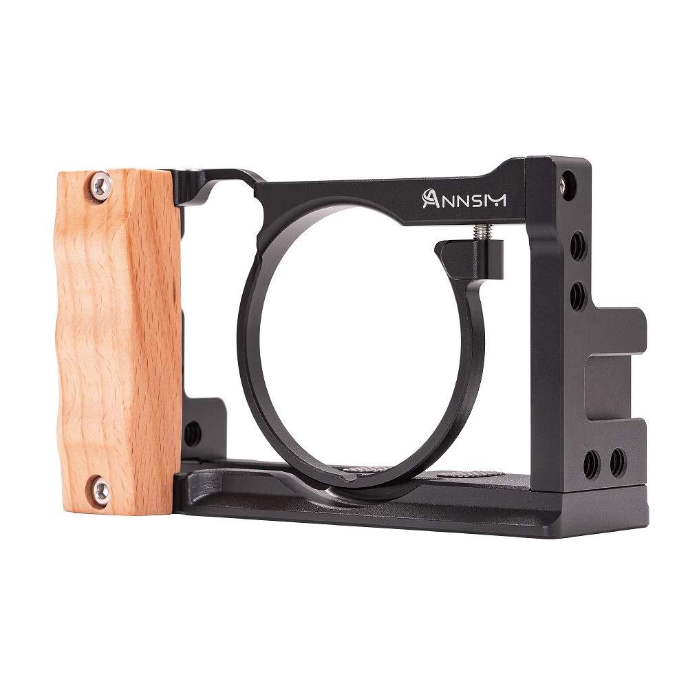 ANNSM Camera Cage Video Rig for Sony RX100 VII /RX100 M7and RX100 VI /RX100 M6 Compact Cameras with Wooden Handle Grip Aluminum Alloy Frame Compact Lightweight Black CG600 for RX100 Vii
