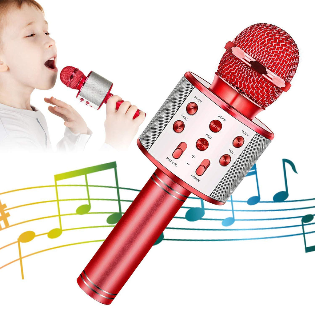 KIDWILL Wireless Bluetooth Karaoke Microphone, 5-in-1 Portable Handheld Karaoke Mic Speaker Player Recorder with Adjustable Remix FM Radio for Kids Adults Birthday Party KTV Christmas (Red) Red