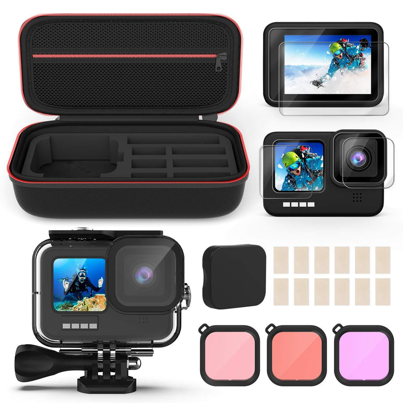 Kupton Accessories Kit Bundle Compatible with GoPro HERO9, Waterproof Housing + Glass Screen Protector + Silicone Case + Carrying Case + Lens Caps + Color Correction Filters Compatible with Go Pro Hero 9