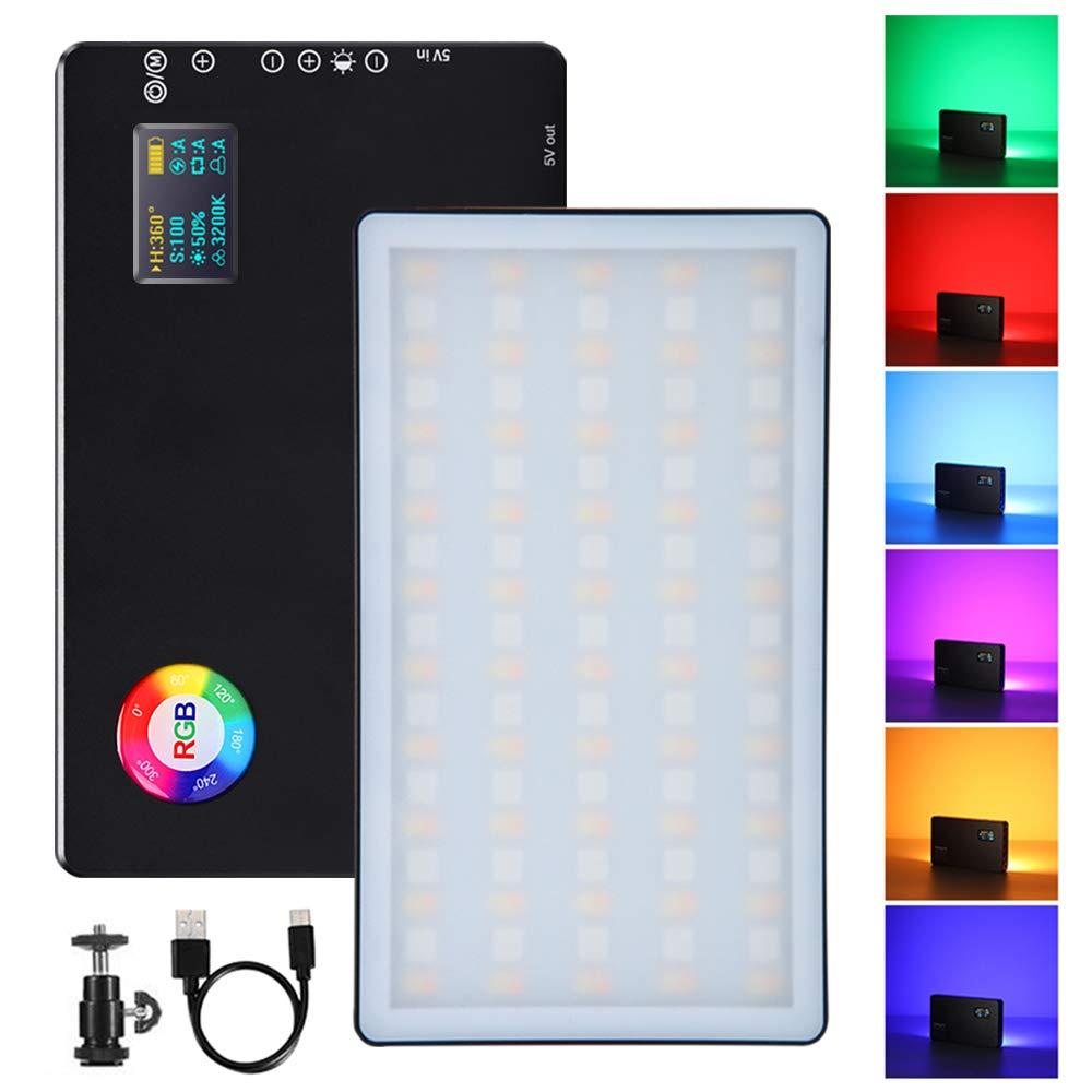RGB LED Video Light, on Camera Camcorder Light Panel 360° Full Color Dimmable 2500K-7500K Built-in Rechargeable Battery Aluminum Alloy Body 9 Common Light Effects (Black) black