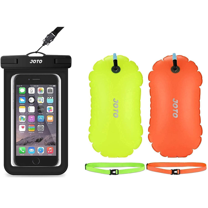 JOTO Universal Waterproof Pouch Phone Dry Bag Bundle with 2 Pack Swim Buoy Float Swimming Bubble Safety Float for Open Water Swimming, Safe Swim Training, Triathletes
