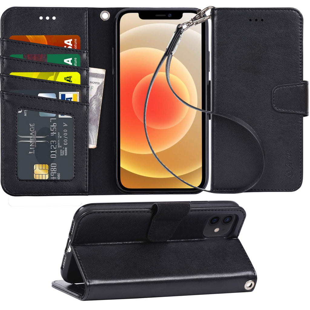 Arae Compatible with iPhone 12 Case and iPhone 12 Pro Case Wallet Flip Cover with Card Holder and Wrist Strap - Black