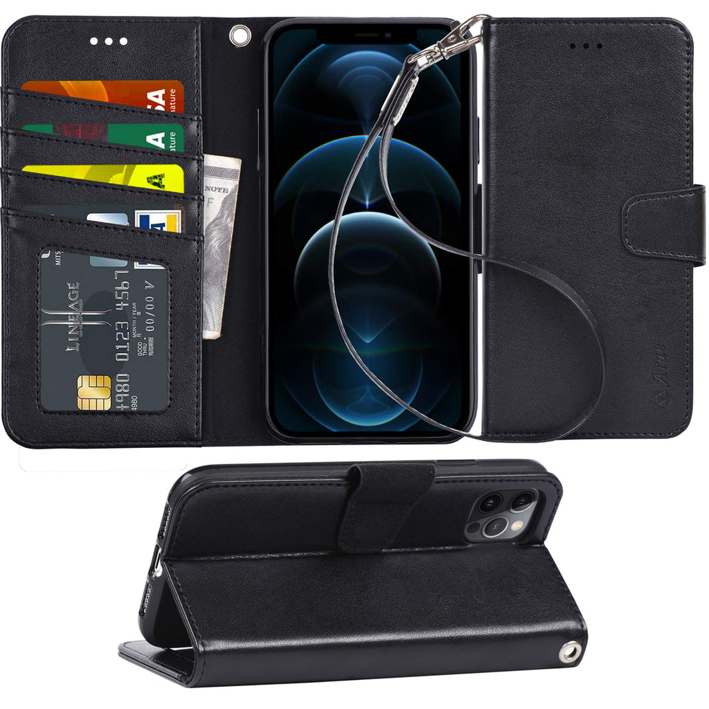 Arae Compatible with Case iPhone 12 Pro Max Wallet Flip Cover with Card Holder and Wrist Strap - Black