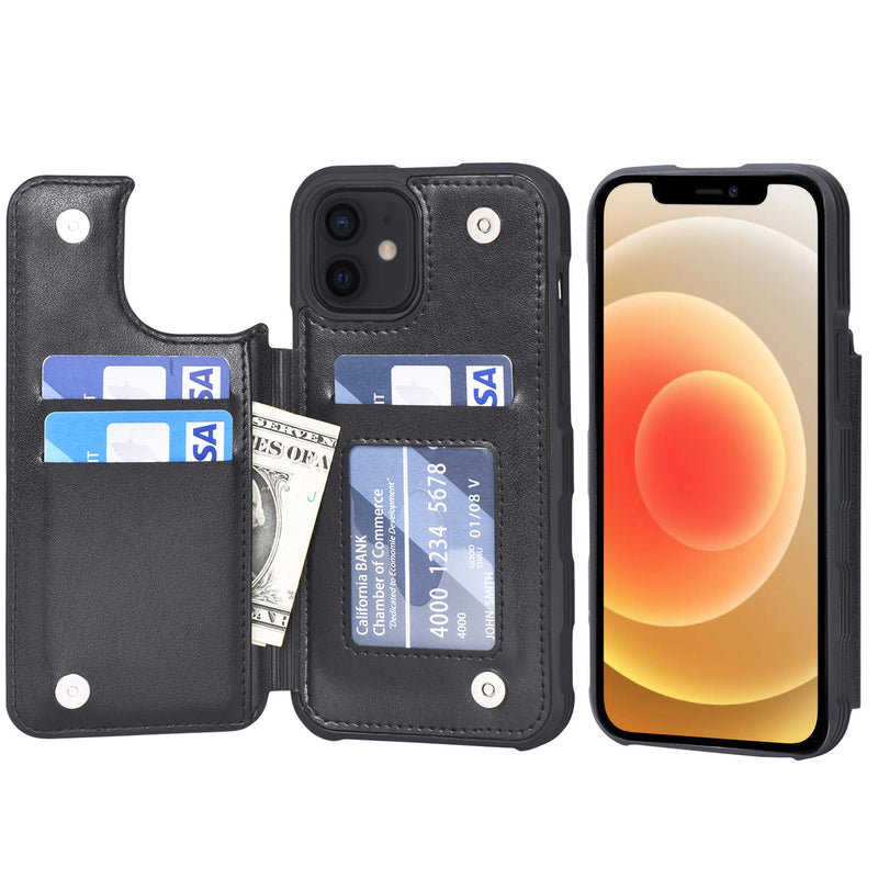 Arae Case for iPhone 12 and iPhone 12 Pro - Wallet Cover with PU Leather Card Holder - Black