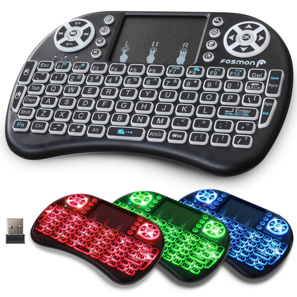 Fosmon Wireless Keyboard with Touchpad and RGB Backlight, Mini Portable 2.4GHz USB Adapter Keyboard, Rechargeable Battery, Adjustable DPI, Compatible with PC/Mac, Smart TVs, PS3/PS4, Xbox360, and more