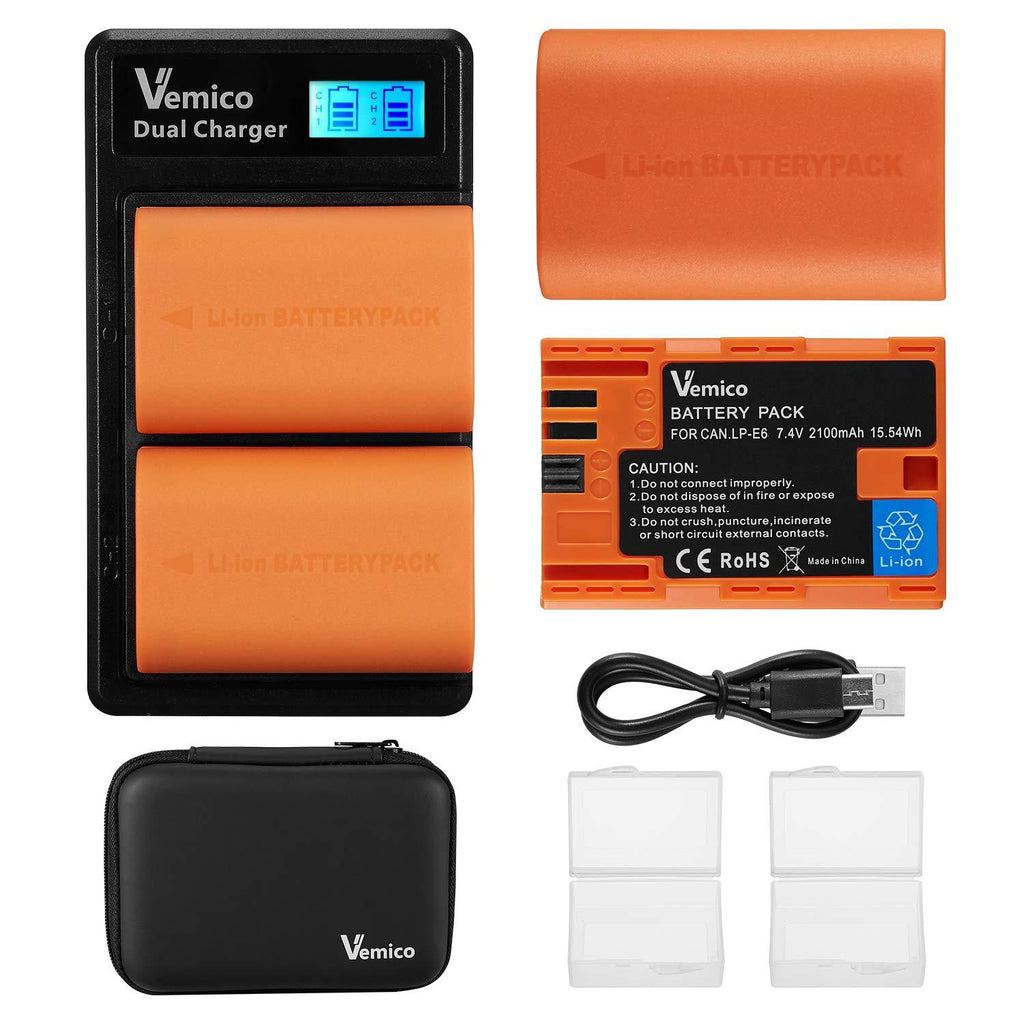 Vemico LP-E6 LP-E6N Battery Charger Set 2 x 2100mAh Replacement Batteries Dual Slots LCD Type-C Cable Charger for EOS 5D Mark IV/5D Mark III/5DS R/5D Mark II/6D/7D Mark II/7D/80D/70D/60D/60Da