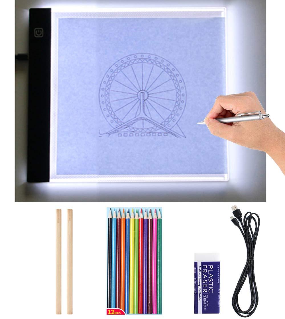 A5 Size Ultra-Thin Portable Tracer White LED Artcraft Tracing Pad Light Box w dimmable Brightness for Painting Artists Drawing Sketching Animation Tracing with Pencils LED pad a5+12color pencil+2pencil+1ruber
