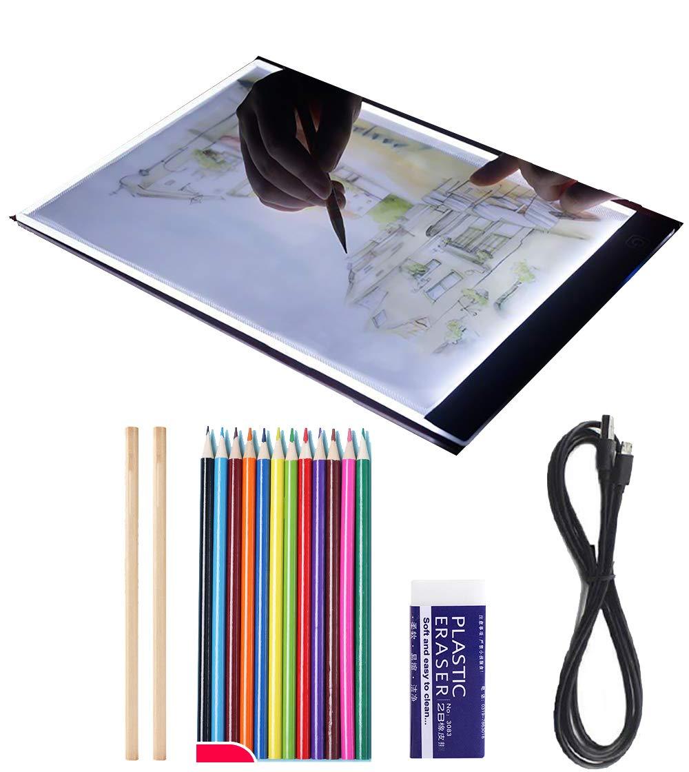 A4 LED Light Box Light Pad with 12 Color Pencil 4mm Ultra-Thin Tracer Board USB Power Light Table for Artists Drawing Sketching Animation Tracing LED pad a4+12color pencil+2pencil+1ruber