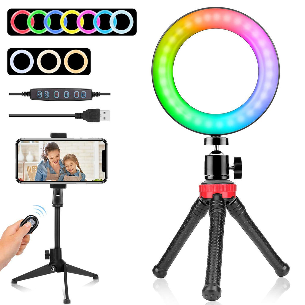 6" RGB Selfie Ring Light with Two Table Tripod Stand, 10 RGB Colors Dimmable LED Ring Light with Wireless Remote Control for Makeup, Vlog/YouTube Video, Live Stream, Photography