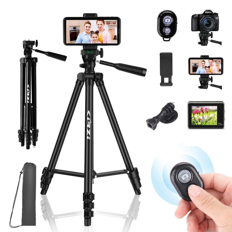 Kirzi Phone Tripod 50" Adjustable Travel Video Tripod Stand with Camera Cell Phone Mount Holder with Bluetooth Remote,Compatible Well with iOS/Android