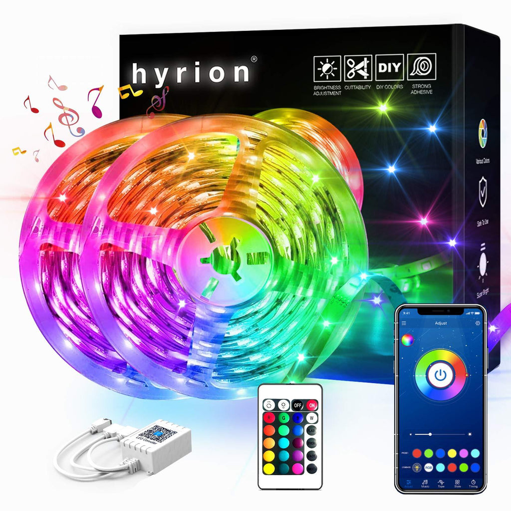 [AUSTRALIA] - 65.6ft hyrion Smart Led Strip Lights, 2 Rolls of 32.8ft RGB Color Changing Light Strips with Bluetooth Controller and 24 Keys Remote Sync to Music for Bedroom, Party 65.6ft 
