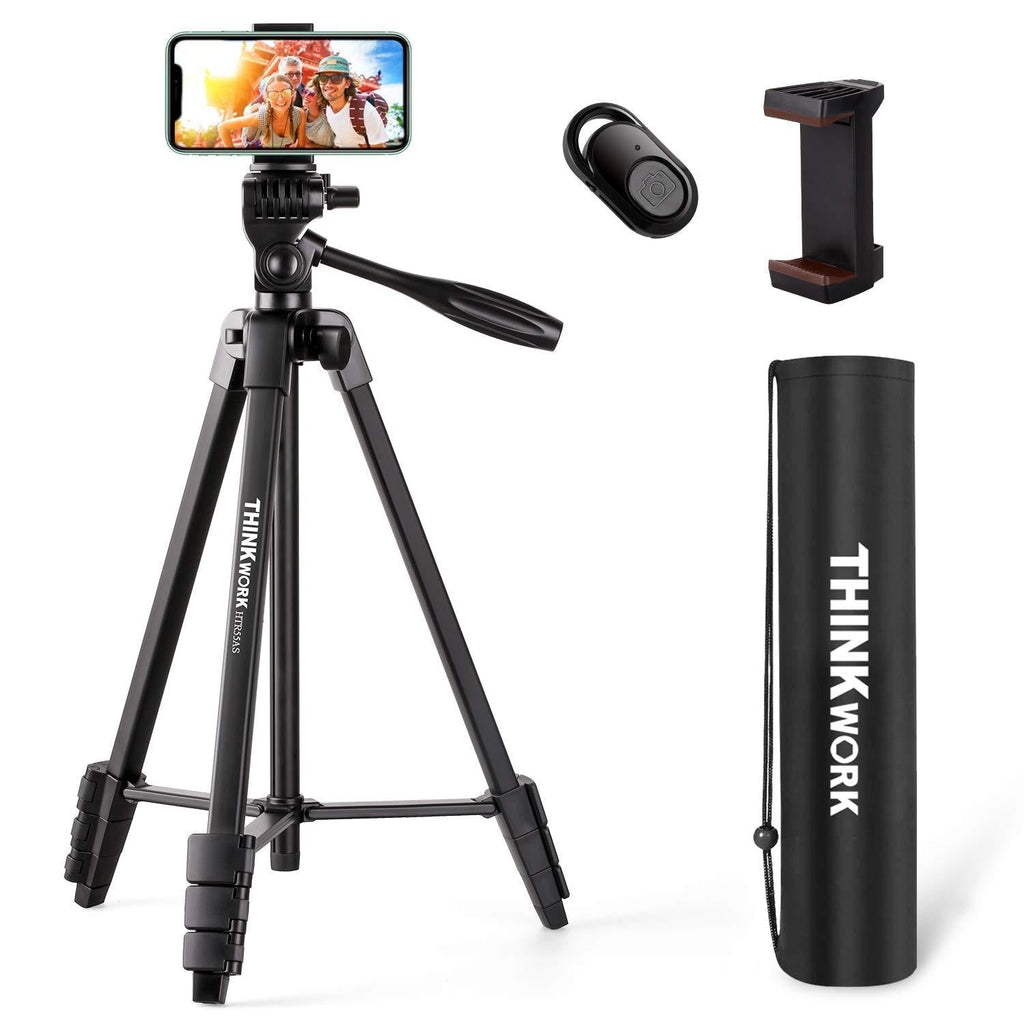 THINKWORK Lightweight Tripod, 55" Tripod for Phone and Camera, Tripod Stand with Bluetooth Remote Control, Mobile Phone Holder and Carry Bag - Photography/Video/Traveling