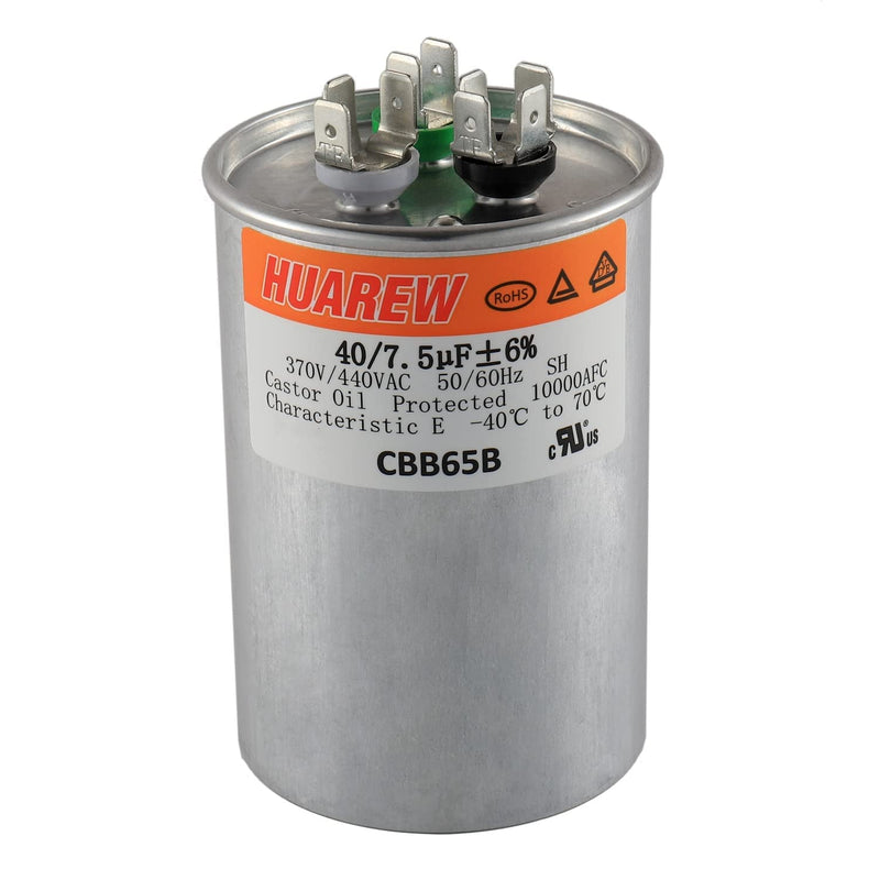 HUAREW 40+7.5 uF ±6% 40/7.5 MFD 370/440 VAC CBB65 Dual Run Start Round Capacitor for Condenser Straight Cool or Heat Pump Air Conditioner or AC Motor and Fan Starting