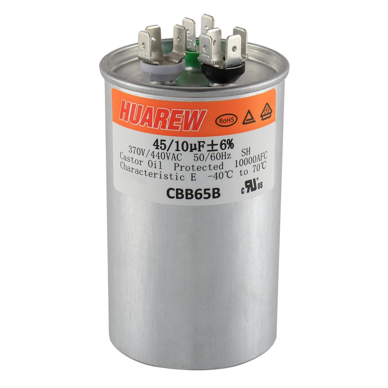 HUAREW 45+10 uF ±6% 45/10 MFD 370/440 VAC CBB65 Dual Run Start Round Capacitor for Condenser Straight Cool or Heat Pump Air Conditioner or AC Motor and Fan Starting