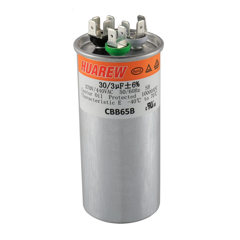 HUAREW 30+3 uF ±6% 30/3 MFD 370/440 VAC CBB65 Dual Run Start Round Capacitor for Condenser Straight Cool or Heat Pump Air Conditioner or AC Motor and Fan Starting