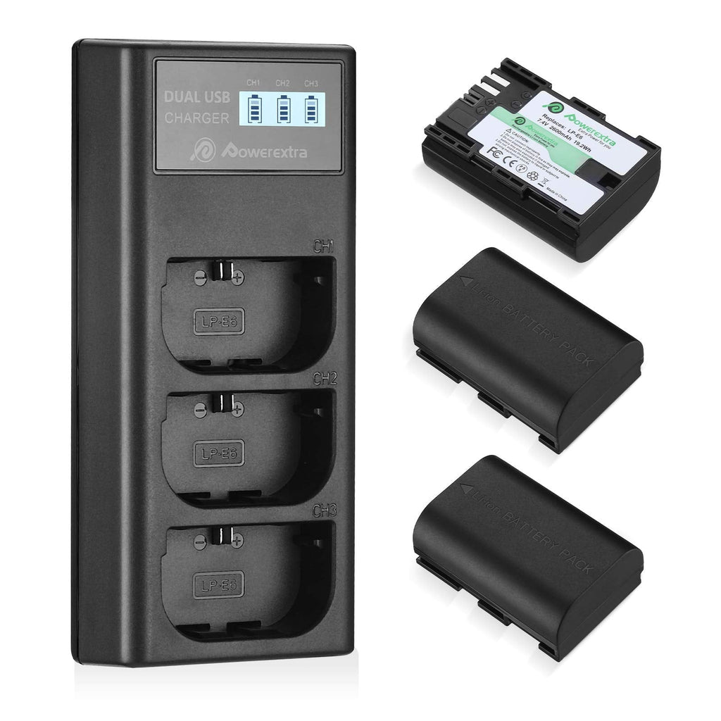 Powerextra LP-E6 LP E6N Rechargeable Battery Compatible with Canon EOS 5D Mark II III IV 5DS 5DS R 6D 60D 6D Mark II 7D 7D Mark II70D 80D - 3 Pack Batteries and 3 Channel Charger LCD Display