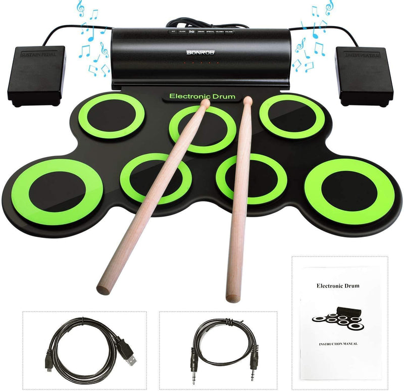 BONROB Electronic Drum Set for Kids, Foldable and Roll Up 7 Drum Pad Compatible with Roland Software, Built in Speaker with Drum Sticks, Great Holiday Birthday Gift for Kids Drum Set (Green) BM001