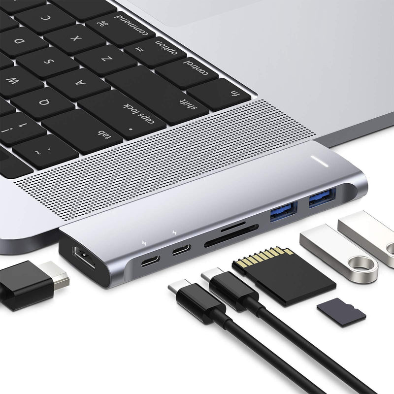 MacBook Pro USB Adapter with Dual Charging [Upgraded], USB Type C Hub Adapter Dock for MacBook Air Pro M1 2021/2020-2018, with 4K@60Hz HDMI, TB3, USB C, USB 3.0 and SD/Micro Card Reader (Space Grey) 7-in-2 Space Grey