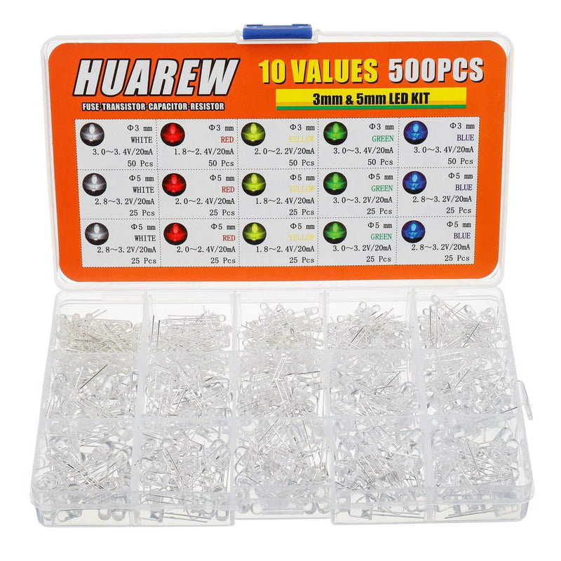 HUAREW 10 Values 500 Pcs LED Light-Emitting diode 3mm & 5mm with White, red, Yellow, Green, Blue 5 Color Classification kit