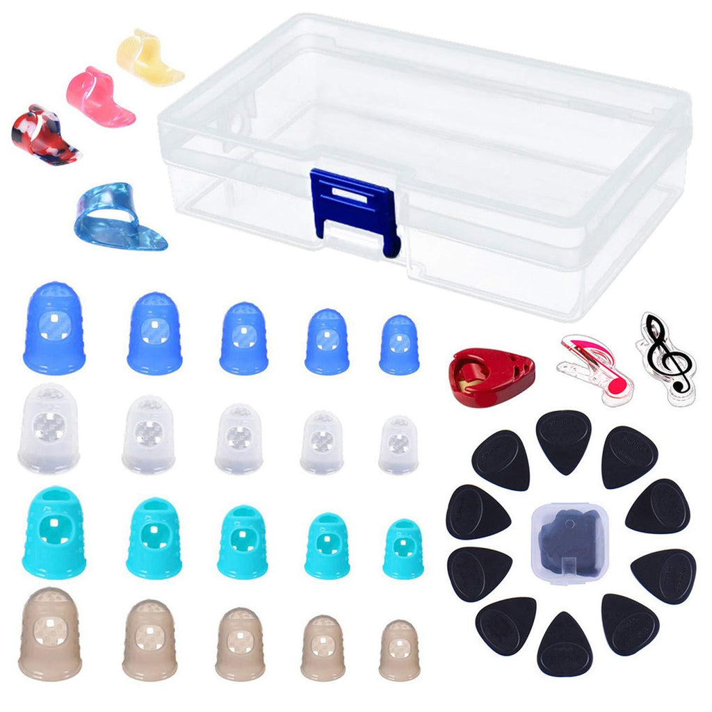 Silicone Guitar Finger Protectors,Guitar Picks and Holder,Celluloid Guitar Picks,Music Score Clip,Storage Box for Acoustic Guitar Starter and Strings Instrument,Totally 38pcs (All Random Color)