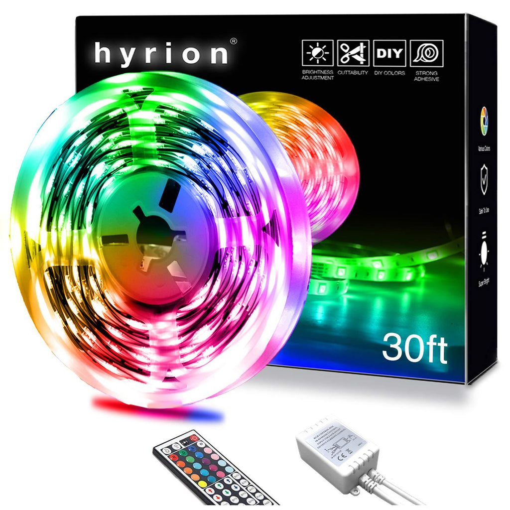 hyrion Led Strip Lights 30ft, 1 Roll of 30ft RGB Color Changing Led Lights Kit with 44 Keys IR Remote for Bedroom, Home, Kitchen, Game, Room, Decoration